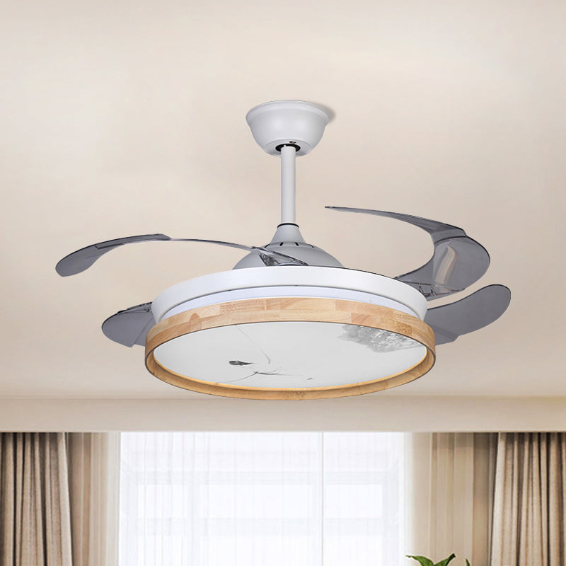 Circle Ceiling Fan Light Minimalism Acrylic White 4-Blade LED Semi Flush Mount with Wooden Detail, 42" Wide Clearhalo 'Ceiling Fans with Lights' 'Ceiling Fans' 'Modern Ceiling Fans' 'Modern' Lighting' 1451676
