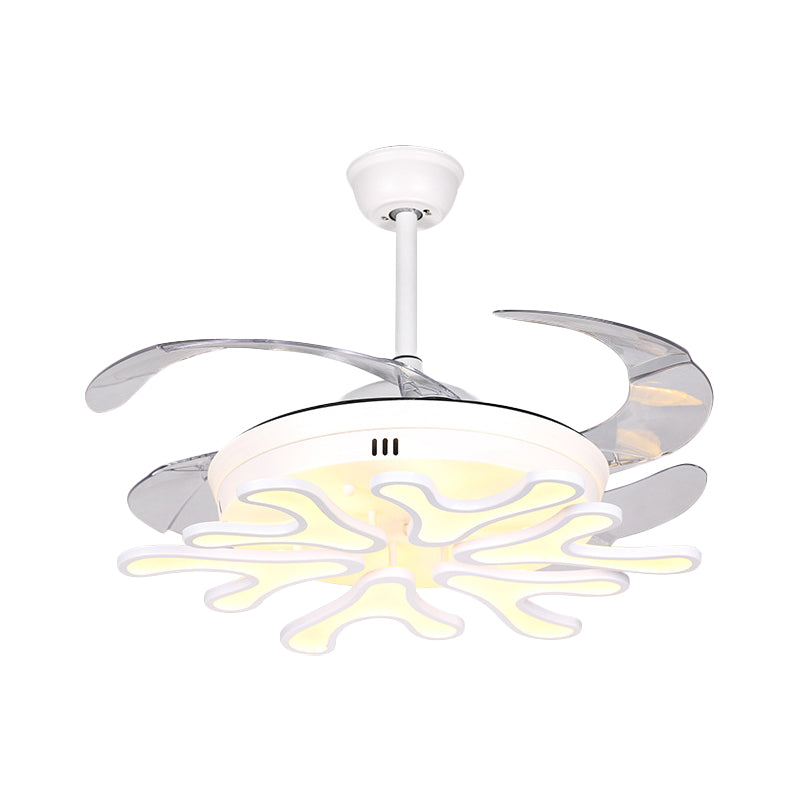 Contemporary Bloom Pendant Fan Lamp Iron Living Room LED Semi Flush Ceiling Light with 4 Clear Blades in White, 42" Width Clearhalo 'Ceiling Fans with Lights' 'Ceiling Fans' 'Modern Ceiling Fans' 'Modern' Lighting' 1451717