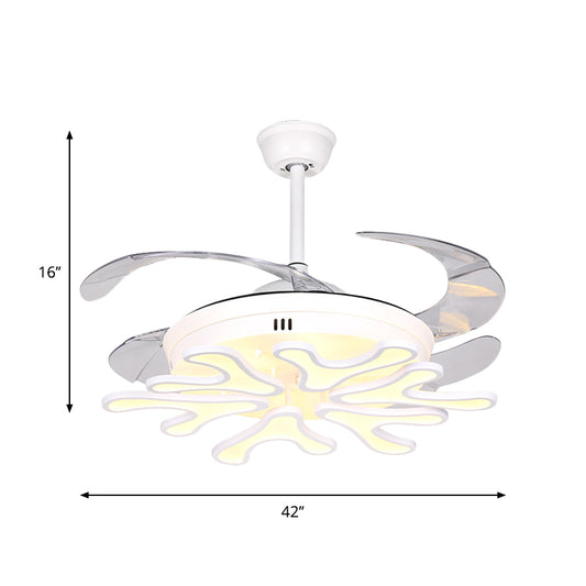 Contemporary Bloom Pendant Fan Lamp Iron Living Room LED Semi Flush Ceiling Light with 4 Clear Blades in White, 42" Width Clearhalo 'Ceiling Fans with Lights' 'Ceiling Fans' 'Modern Ceiling Fans' 'Modern' Lighting' 1451718