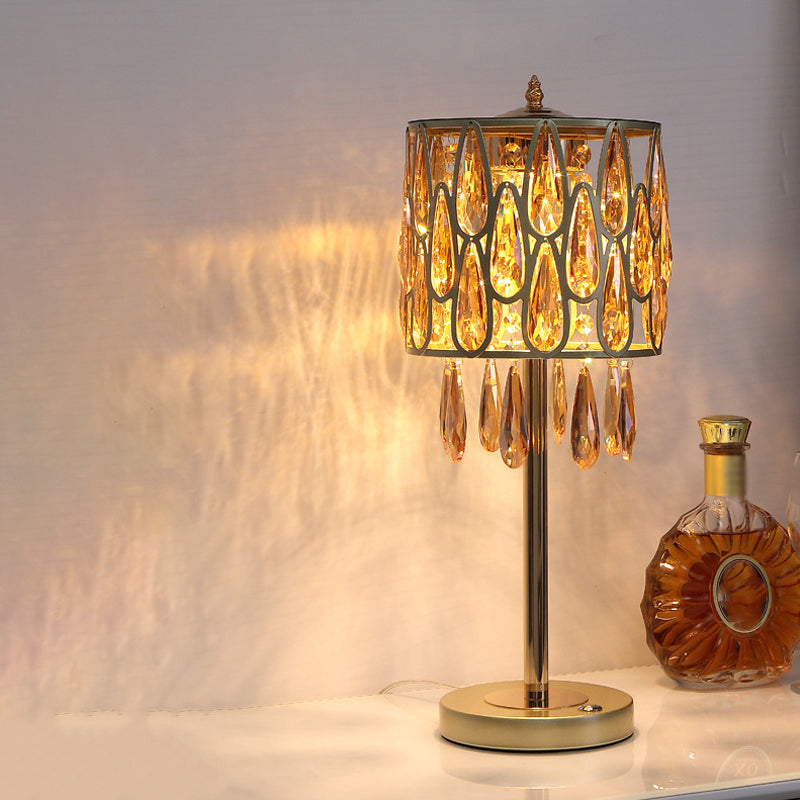 Metal Black/Gold/Champagne Nightstand Lamp Drum Shade 1 Head Contemporary Table Light with Crystal Raindrops Encrusted Gold Clearhalo 'Lamps' 'Table Lamps' Lighting' 1451812