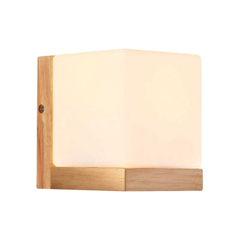 Hotel Restaurant Cube Wall Lamp Opal Glass Wood 1 Light Japanese Style White Wall Lamp Clearhalo 'Modern wall lights' 'Modern' 'Wall Lamps & Sconces' 'Wall Lights' Lighting' 145190