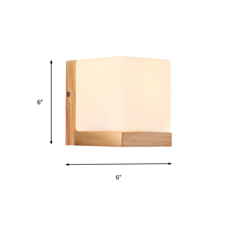 Hotel Restaurant Cube Wall Lamp Opal Glass Wood 1 Light Japanese Style White Wall Lamp Clearhalo 'Modern wall lights' 'Modern' 'Wall Lamps & Sconces' 'Wall Lights' Lighting' 145191