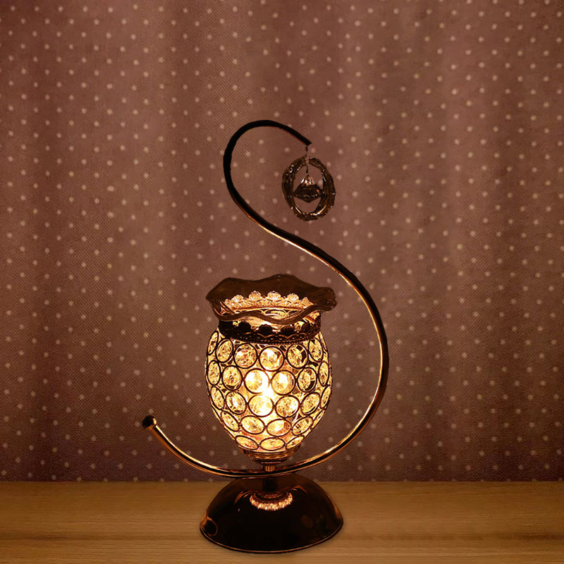 1 Bulb Bedroom Table Lamp Contemporary Gold Desk Light with Floral Crystal Embedded Shade in Warm/Blue/Purple Light Clearhalo 'Lamps' 'Table Lamps' Lighting' 1451939