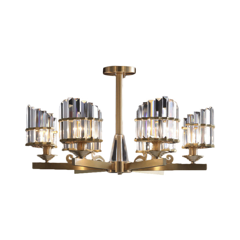Postmodern 3/6 Bulbs Chandelier Lamp with Crystal Block Shade Half-Cylindrical Gold Radial Pendant Light Fixture - Clearhalo - 'Ceiling Lights' - 'Close To Ceiling Lights' - 'Close to ceiling' - 'Semi-flushmount' - Lighting' - 1452388