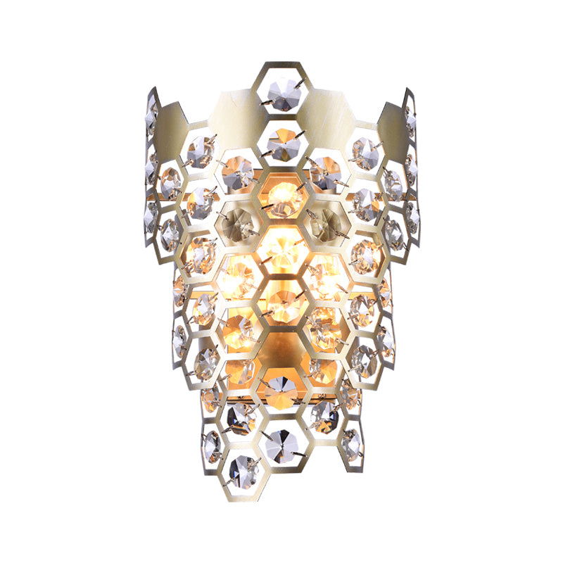 Contemporary Tapered Flush Wall Sconce 3 Bulbs Hexagon-Crystal Embedded Wall Mounted Light in Champagne Clearhalo 'Modern wall lights' 'Modern' 'Wall Lamps & Sconces' 'Wall Lights' Lighting' 1452392