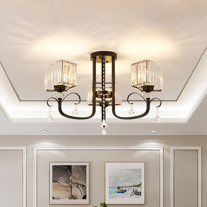 3/7 Heads Swirling Arm Semi Flush Modern Black Metal Close to Ceiling Lamp with Crystal Cuboid Shade 3 Black Clearhalo 'Ceiling Lights' 'Close To Ceiling Lights' 'Close to ceiling' 'Semi-flushmount' Lighting' 1452411