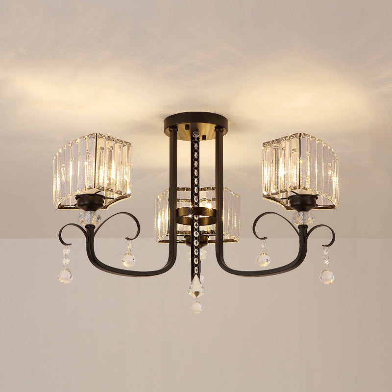 3/7 Heads Swirling Arm Semi Flush Modern Black Metal Close to Ceiling Lamp with Crystal Cuboid Shade Clearhalo 'Ceiling Lights' 'Close To Ceiling Lights' 'Close to ceiling' 'Semi-flushmount' Lighting' 1452412