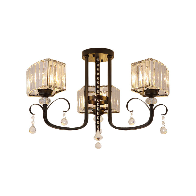 3/7 Heads Swirling Arm Semi Flush Modern Black Metal Close to Ceiling Lamp with Crystal Cuboid Shade Clearhalo 'Ceiling Lights' 'Close To Ceiling Lights' 'Close to ceiling' 'Semi-flushmount' Lighting' 1452413