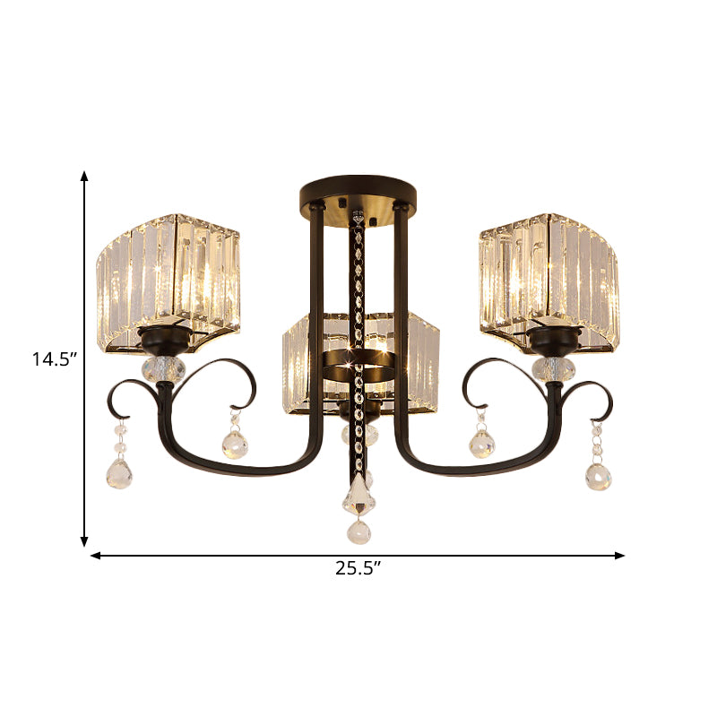3/7 Heads Swirling Arm Semi Flush Modern Black Metal Close to Ceiling Lamp with Crystal Cuboid Shade Clearhalo 'Ceiling Lights' 'Close To Ceiling Lights' 'Close to ceiling' 'Semi-flushmount' Lighting' 1452414