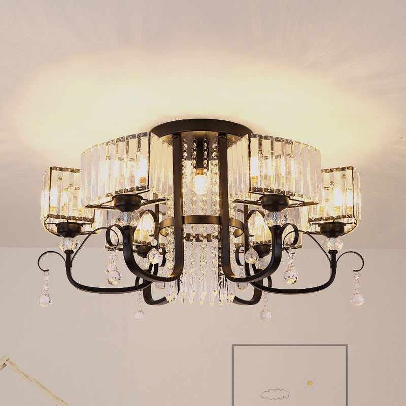 3/7 Heads Swirling Arm Semi Flush Modern Black Metal Close to Ceiling Lamp with Crystal Cuboid Shade 7 Black Clearhalo 'Ceiling Lights' 'Close To Ceiling Lights' 'Close to ceiling' 'Semi-flushmount' Lighting' 1452415