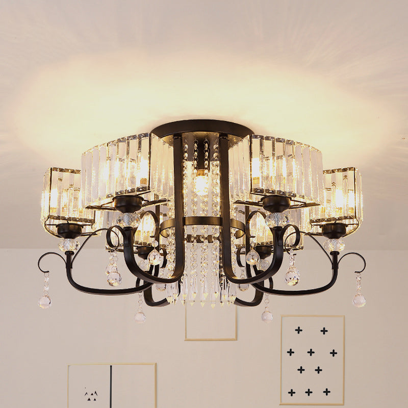 3/7 Heads Swirling Arm Semi Flush Modern Black Metal Close to Ceiling Lamp with Crystal Cuboid Shade Clearhalo 'Ceiling Lights' 'Close To Ceiling Lights' 'Close to ceiling' 'Semi-flushmount' Lighting' 1452417