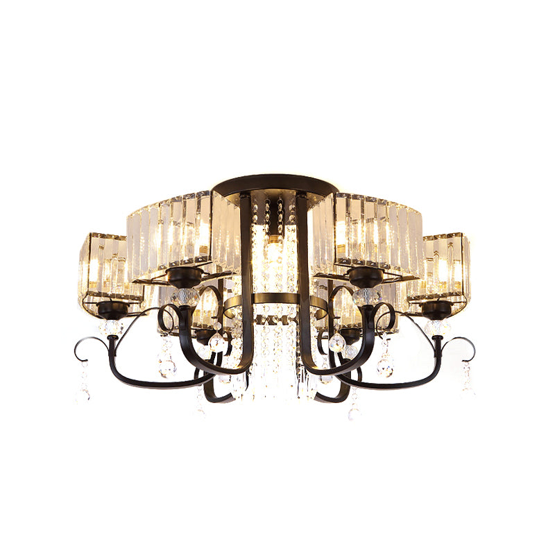 3/7 Heads Swirling Arm Semi Flush Modern Black Metal Close to Ceiling Lamp with Crystal Cuboid Shade Clearhalo 'Ceiling Lights' 'Close To Ceiling Lights' 'Close to ceiling' 'Semi-flushmount' Lighting' 1452418