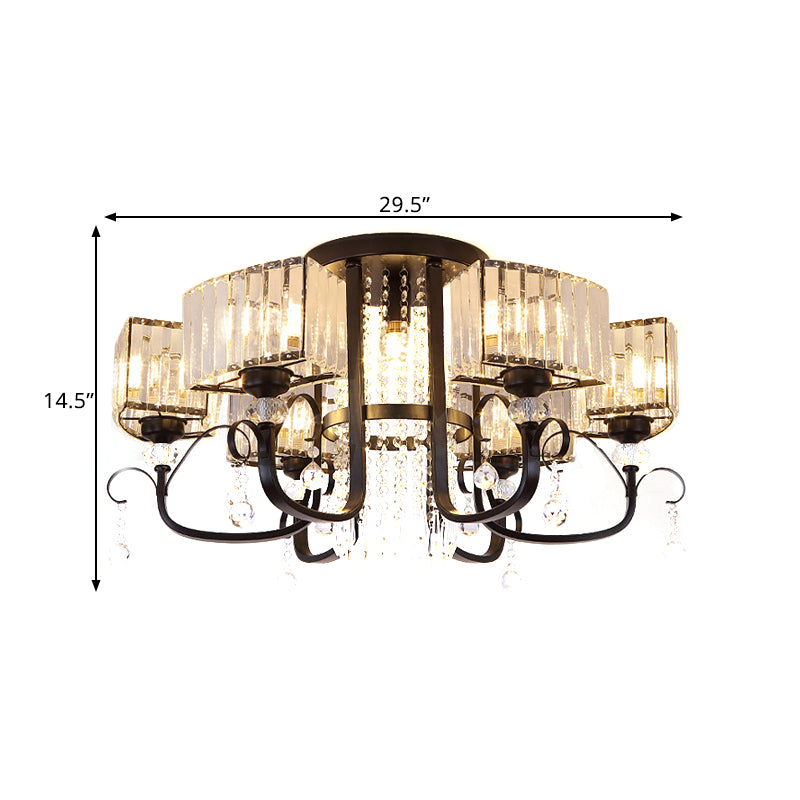 3/7 Heads Swirling Arm Semi Flush Modern Black Metal Close to Ceiling Lamp with Crystal Cuboid Shade Clearhalo 'Ceiling Lights' 'Close To Ceiling Lights' 'Close to ceiling' 'Semi-flushmount' Lighting' 1452419