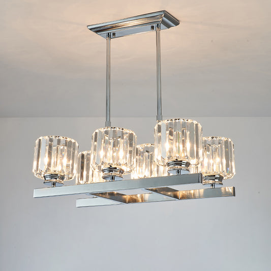 Chrome Parallel Island Light Fixture Modern Crystal Cylinder 6 Heads Dining Table Suspension Lamp Clearhalo 'Ceiling Lights' 'Island Lights' Lighting' 1452421
