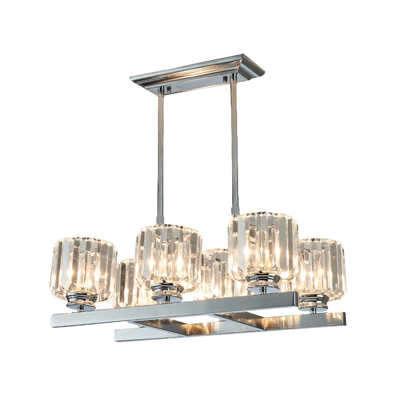 Chrome Parallel Island Light Fixture Modern Crystal Cylinder 6 Heads Dining Table Suspension Lamp Clearhalo 'Ceiling Lights' 'Island Lights' Lighting' 1452422