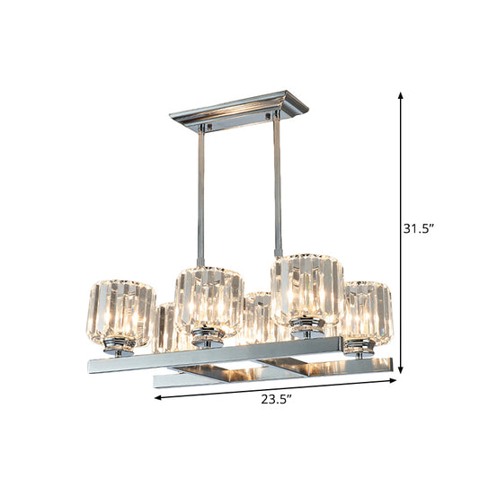 Chrome Parallel Island Light Fixture Modern Crystal Cylinder 6 Heads Dining Table Suspension Lamp Clearhalo 'Ceiling Lights' 'Island Lights' Lighting' 1452423