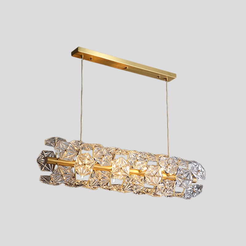 18 Bulbs Island Lighting Fixture Postmodern Restaurant Pendant Lamp with Horizontal Crystal Hexagon Shade in Brass Clearhalo 'Ceiling Lights' 'Island Lights' Lighting' 1452426