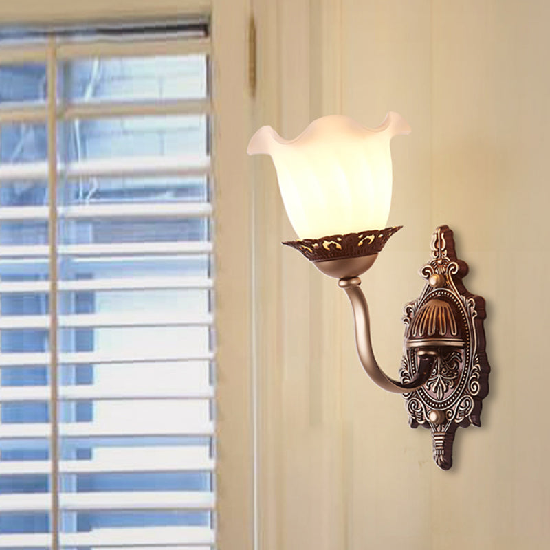 Rustic Style Blossom Wall Lamp 1/2-Head Opaline Glass Wall Mount Lighting in Brown for Living Room 1.0 Brown Clearhalo 'Wall Lamps & Sconces' 'Wall Lights' Lighting' 1452450