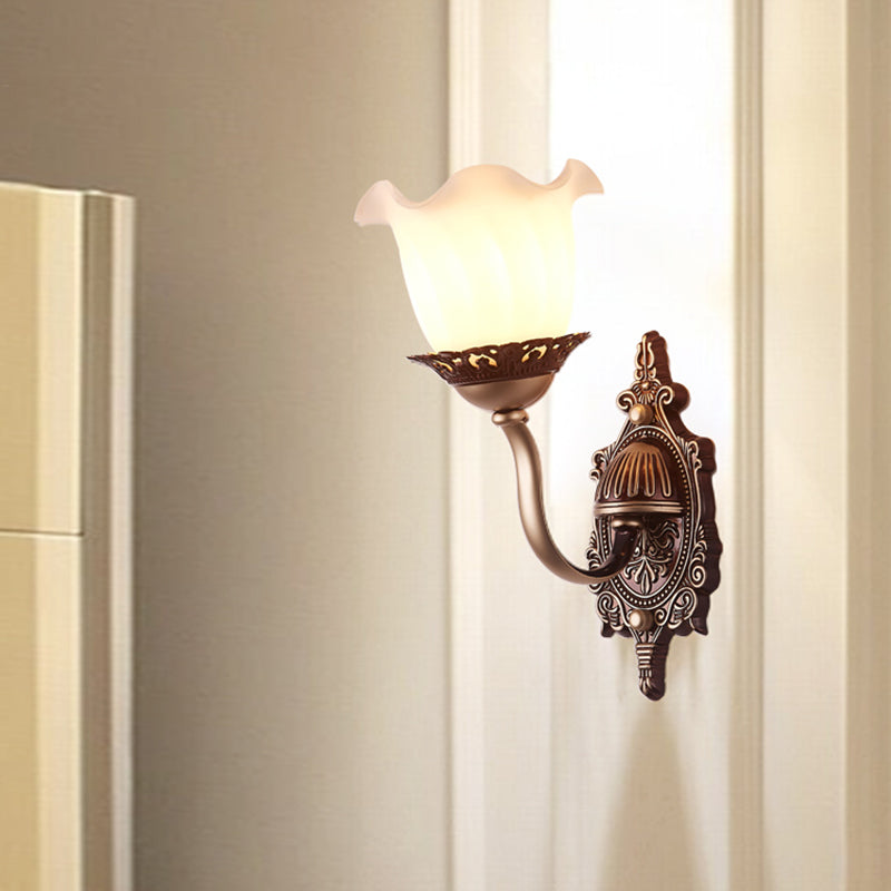 Rustic Style Blossom Wall Lamp 1/2-Head Opaline Glass Wall Mount Lighting in Brown for Living Room Clearhalo 'Wall Lamps & Sconces' 'Wall Lights' Lighting' 1452451