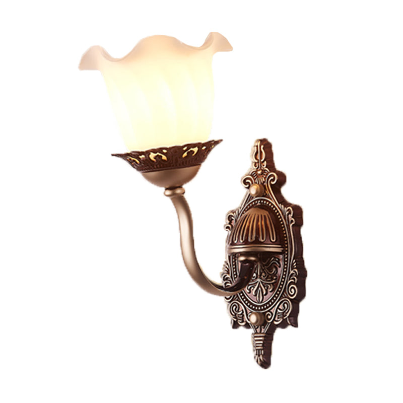 Rustic Style Blossom Wall Lamp 1/2-Head Opaline Glass Wall Mount Lighting in Brown for Living Room Clearhalo 'Wall Lamps & Sconces' 'Wall Lights' Lighting' 1452452