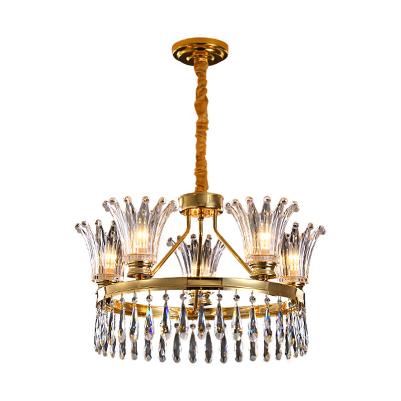 5/8 Bulbs Flared Chandelier Light Fixture Classic Gold Clear Crystal Ceiling Pendant with Droplet Design Clearhalo 'Ceiling Lights' 'Chandeliers' Lighting' options 1452457