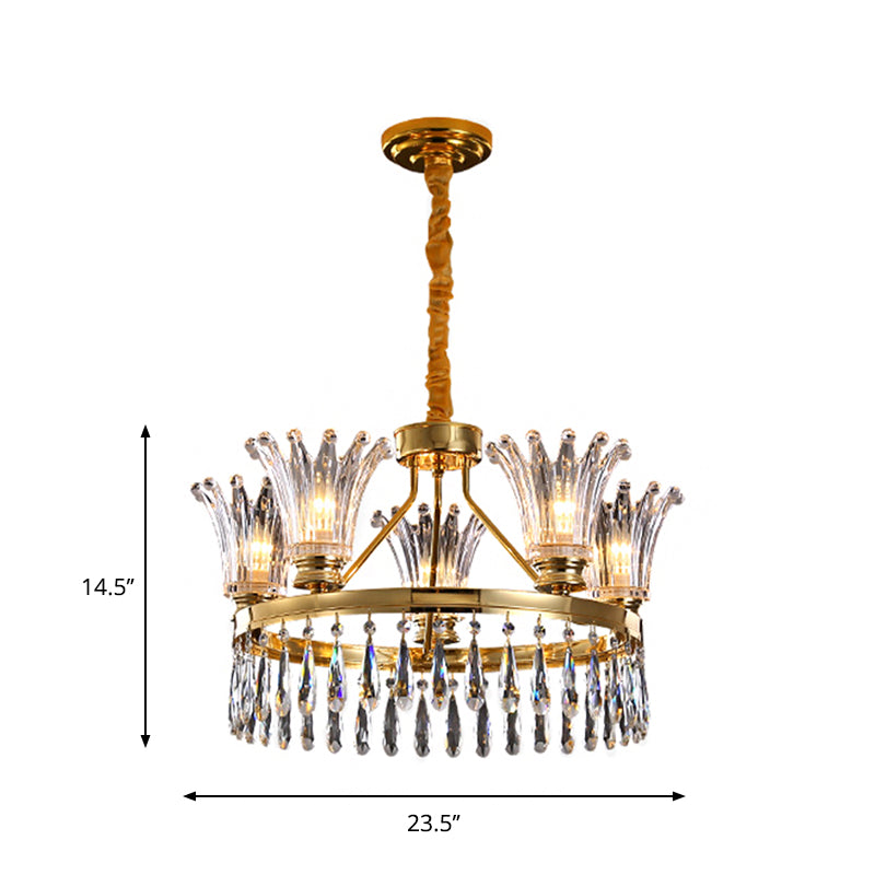 5/8 Bulbs Flared Chandelier Light Fixture Classic Gold Clear Crystal Ceiling Pendant with Droplet Design Clearhalo 'Ceiling Lights' 'Chandeliers' Lighting' options 1452458