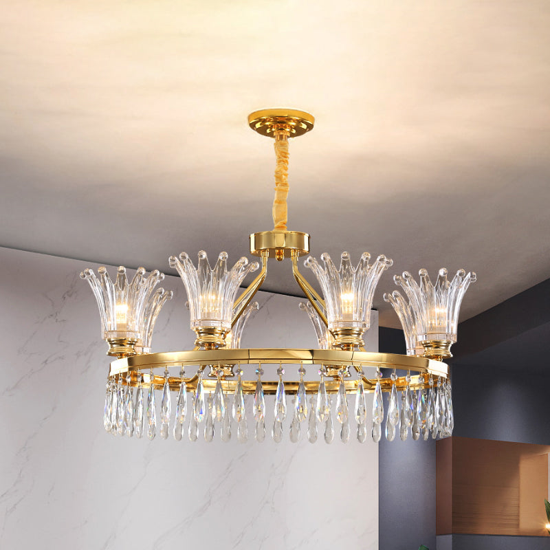 5/8 Bulbs Flared Chandelier Light Fixture Classic Gold Clear Crystal Ceiling Pendant with Droplet Design Clearhalo 'Ceiling Lights' 'Chandeliers' Lighting' options 1452459