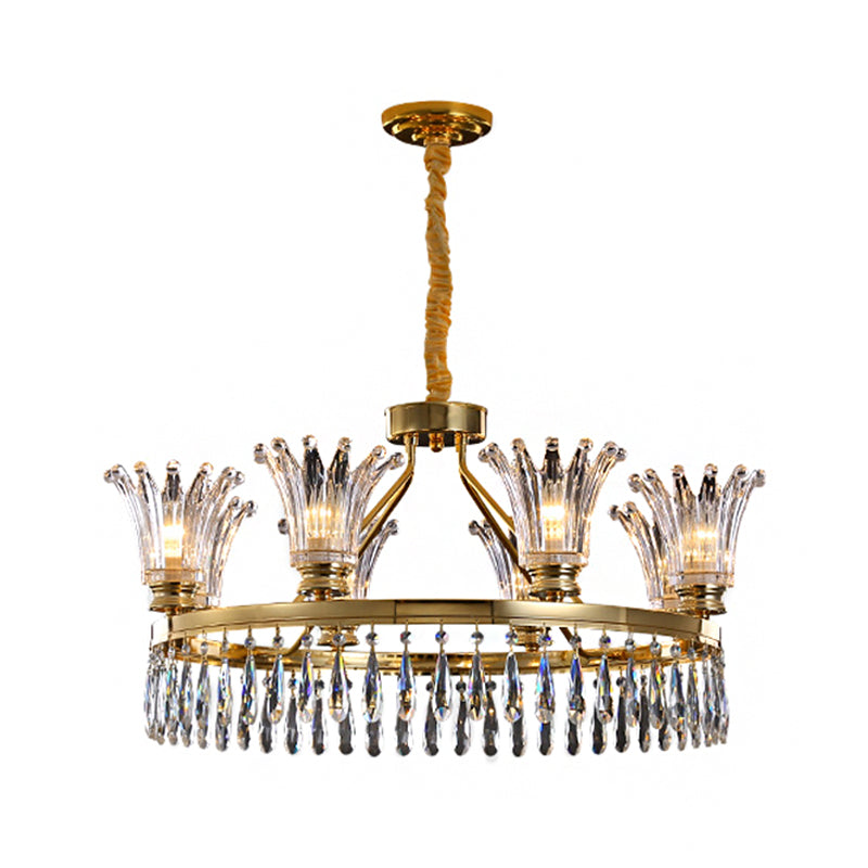 5/8 Bulbs Flared Chandelier Light Fixture Classic Gold Clear Crystal Ceiling Pendant with Droplet Design Clearhalo 'Ceiling Lights' 'Chandeliers' Lighting' options 1452461