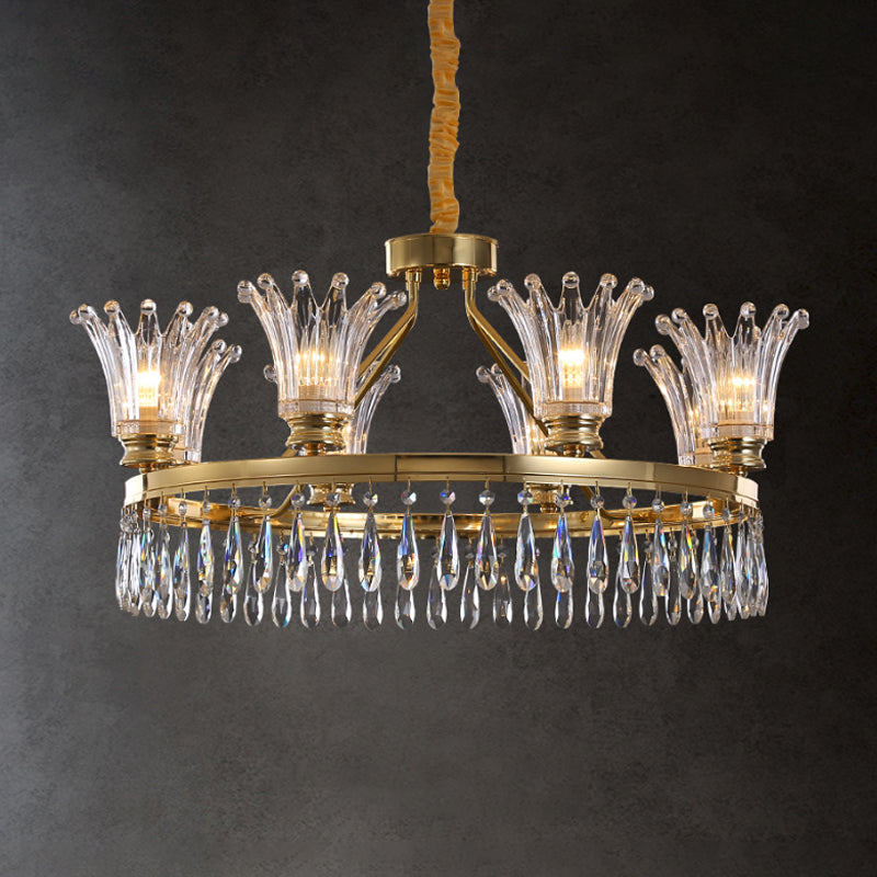 5/8 Bulbs Flared Chandelier Light Fixture Classic Gold Clear Crystal Ceiling Pendant with Droplet Design Clearhalo 'Ceiling Lights' 'Chandeliers' Lighting' options 1452462