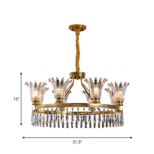 5/8 Bulbs Flared Chandelier Light Fixture Classic Gold Clear Crystal Ceiling Pendant with Droplet Design Clearhalo 'Ceiling Lights' 'Chandeliers' Lighting' options 1452463