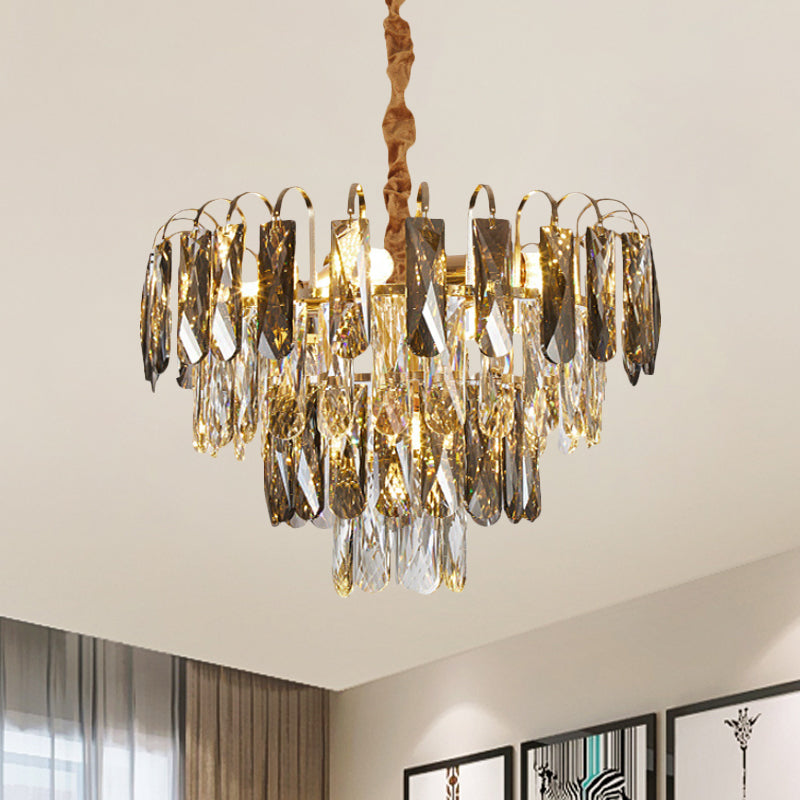 Layered Parlor Ceiling Chandelier Clear Rectangle-Cut Crystal 5 Lights Contemporary Hanging Lamp in Gold Clear Clearhalo 'Ceiling Lights' 'Chandeliers' 'Clear' 'Industrial' 'Modern Chandeliers' 'Modern' 'Tiffany' 'Traditional Chandeliers' Lighting' 1452552