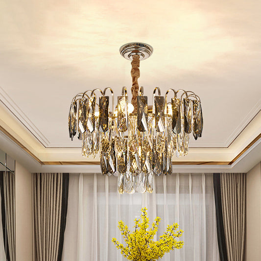 Layered Parlor Ceiling Chandelier Clear Rectangle-Cut Crystal 5 Lights Contemporary Hanging Lamp in Gold Clearhalo 'Ceiling Lights' 'Chandeliers' 'Clear' 'Industrial' 'Modern Chandeliers' 'Modern' 'Tiffany' 'Traditional Chandeliers' Lighting' 1452553