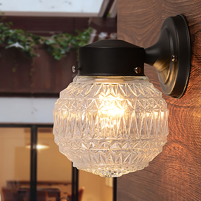 Black/White Spherical Sconce Lamp Modernist 1 Light Lattice Glass Wall Light Fixture for Reading Room Clearhalo 'Cast Iron' 'Glass' 'Industrial' 'Modern wall lights' 'Modern' 'Tiffany' 'Traditional wall lights' 'Wall Lamps & Sconces' 'Wall Lights' Lighting' 145411