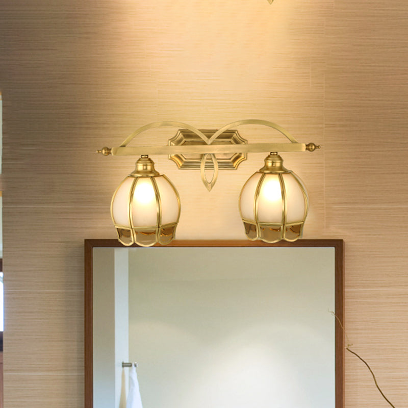Milk Glass Gold Wall Vanity Light Flower 2 Lights Luxurious Wall Sconce Lighting Fixture for Bathroom Gold B Clearhalo 'Vanity Lights' 'Wall Lights' Lighting' 1454111