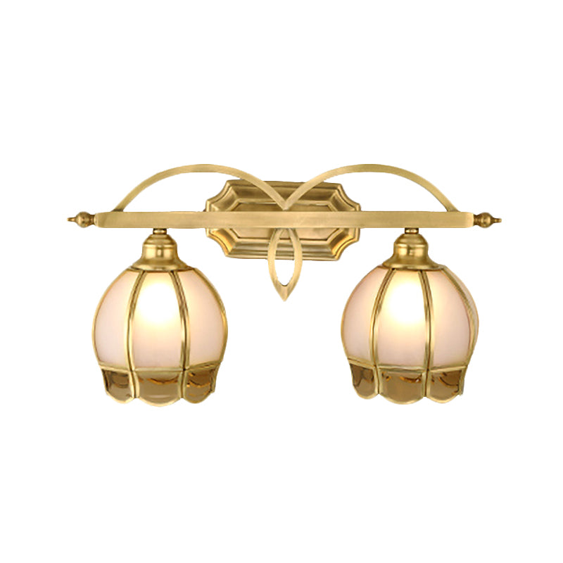 Milk Glass Gold Wall Vanity Light Flower 2 Lights Luxurious Wall Sconce Lighting Fixture for Bathroom Clearhalo 'Vanity Lights' 'Wall Lights' Lighting' 1454113