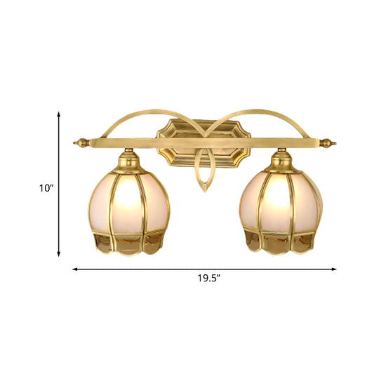 Milk Glass Gold Wall Vanity Light Flower 2 Lights Luxurious Wall Sconce Lighting Fixture for Bathroom Clearhalo 'Vanity Lights' 'Wall Lights' Lighting' 1454114