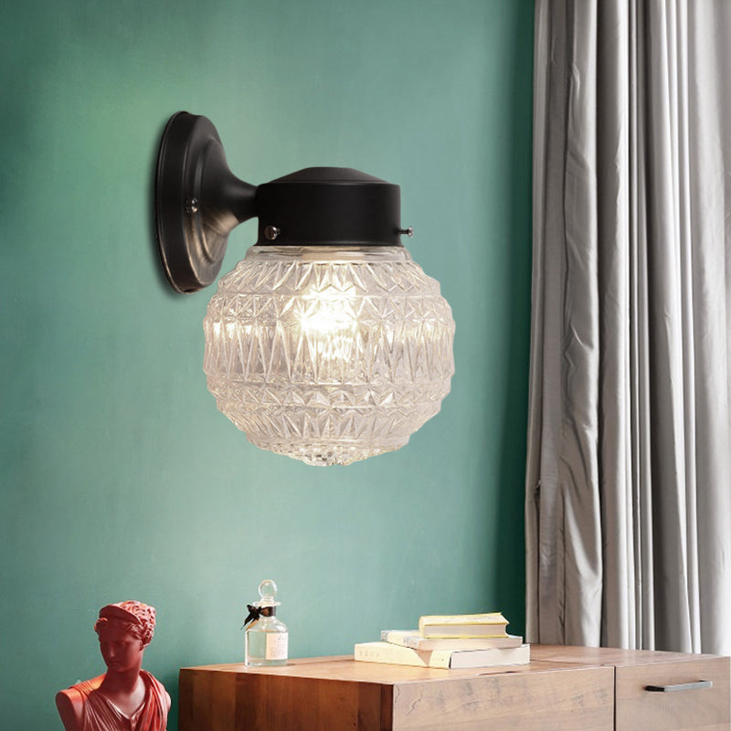 Black/White Spherical Sconce Lamp Modernist 1 Light Lattice Glass Wall Light Fixture for Reading Room Black Clearhalo 'Cast Iron' 'Glass' 'Industrial' 'Modern wall lights' 'Modern' 'Tiffany' 'Traditional wall lights' 'Wall Lamps & Sconces' 'Wall Lights' Lighting' 145412