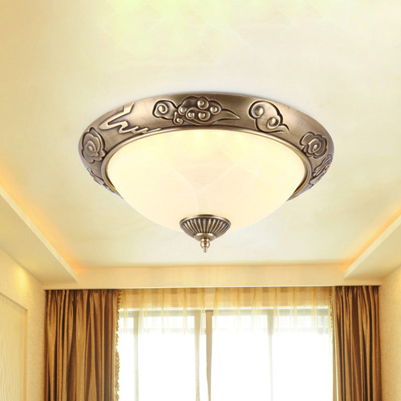 LED Flush Mount Light Fixture Colonialism Dome Shade Opal Glass Ceiling Lighting in Brass for Bedroom, 12"/16" W Brass Clearhalo 'Ceiling Lights' 'Close To Ceiling Lights' 'Close to ceiling' 'Flush mount' Lighting' 1454146