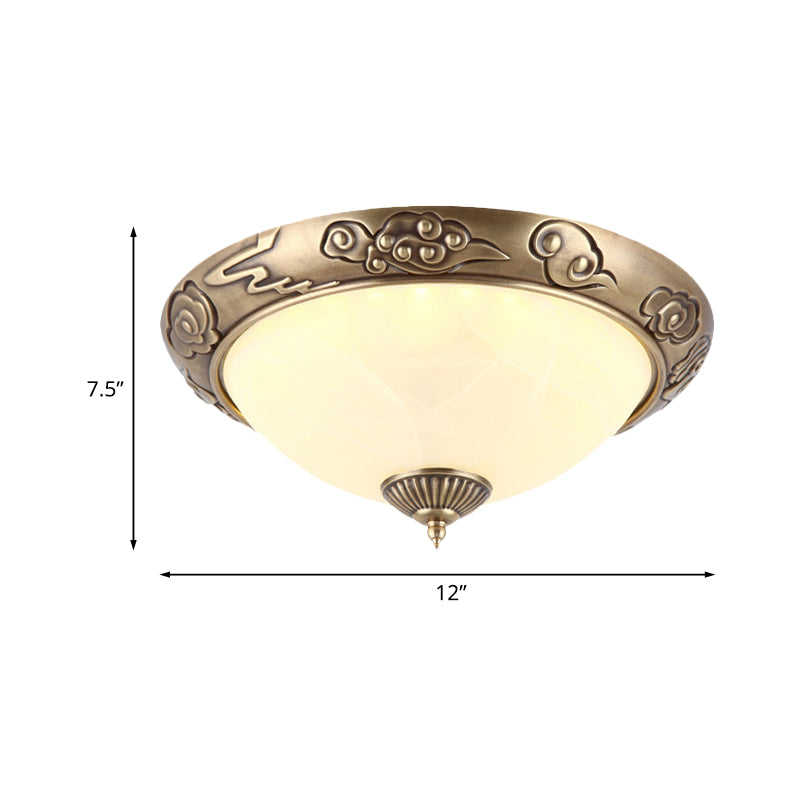 LED Flush Mount Light Fixture Colonialism Dome Shade Opal Glass Ceiling Lighting in Brass for Bedroom, 12"/16" W Clearhalo 'Ceiling Lights' 'Close To Ceiling Lights' 'Close to ceiling' 'Flush mount' Lighting' 1454149