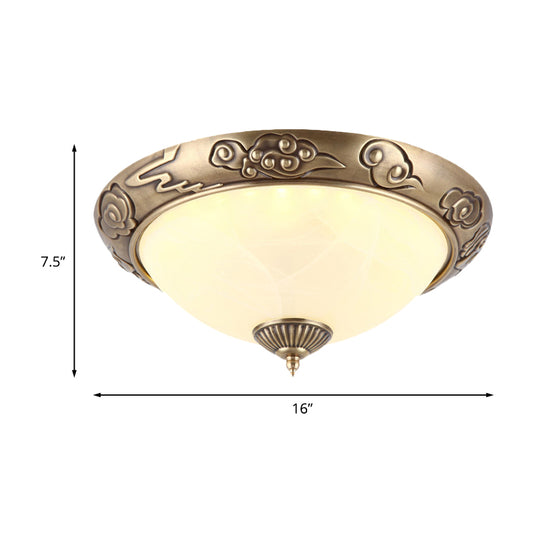 LED Flush Mount Light Fixture Colonialism Dome Shade Opal Glass Ceiling Lighting in Brass for Bedroom, 12"/16" W Clearhalo 'Ceiling Lights' 'Close To Ceiling Lights' 'Close to ceiling' 'Flush mount' Lighting' 1454150