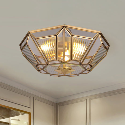 3 Lights Ceiling Flush Mount Colonial Bedroom Flush Light with Geometric Clear Glass Shade in Gold Gold Clearhalo 'Ceiling Lights' 'Close To Ceiling Lights' 'Close to ceiling' 'Flush mount' Lighting' 1454151