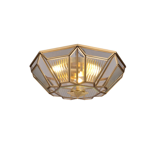 3 Lights Ceiling Flush Mount Colonial Bedroom Flush Light with Geometric Clear Glass Shade in Gold Clearhalo 'Ceiling Lights' 'Close To Ceiling Lights' 'Close to ceiling' 'Flush mount' Lighting' 1454154
