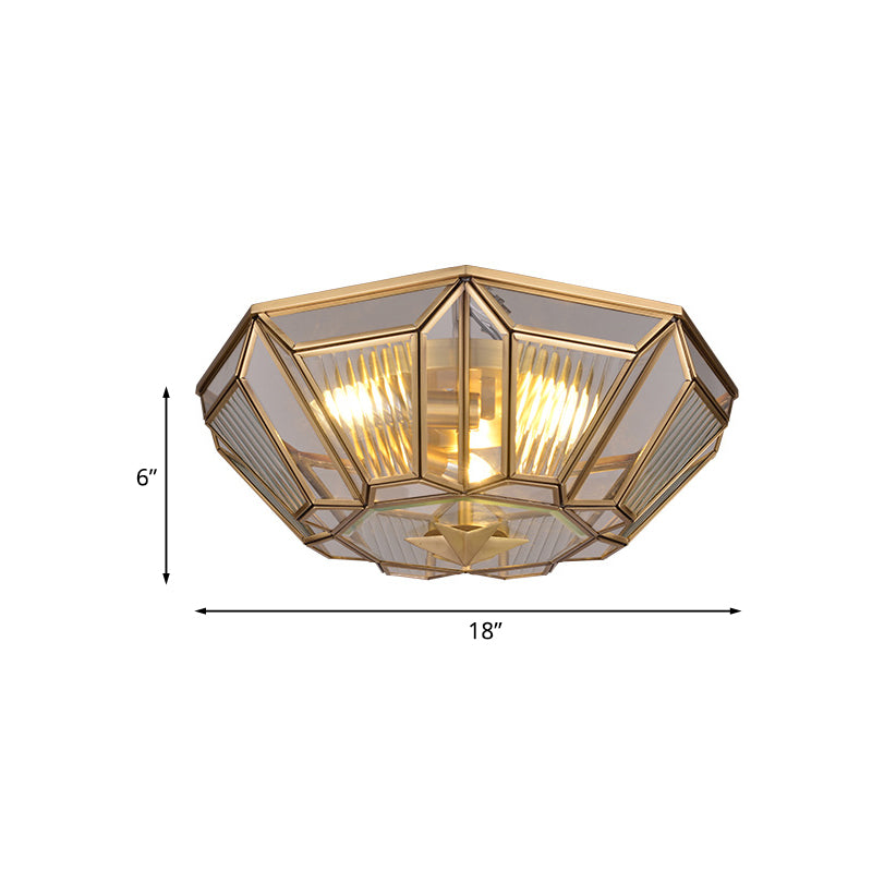 3 Lights Ceiling Flush Mount Colonial Bedroom Flush Light with Geometric Clear Glass Shade in Gold Clearhalo 'Ceiling Lights' 'Close To Ceiling Lights' 'Close to ceiling' 'Flush mount' Lighting' 1454155