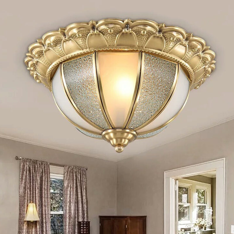 2-Bulb Domed Flush Ceiling Light Colonialism Gold White and Textured Glass Flush Mount Lamp Gold Clearhalo 'Ceiling Lights' 'Close To Ceiling Lights' 'Close to ceiling' 'Flush mount' Lighting' 1454168