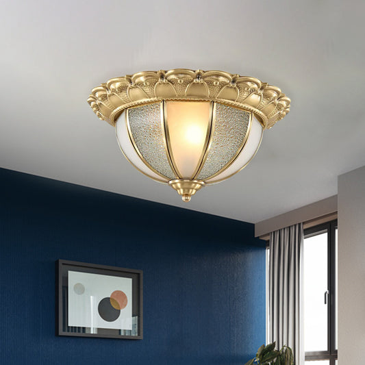 2-Bulb Domed Flush Ceiling Light Colonialism Gold White and Textured Glass Flush Mount Lamp Clearhalo 'Ceiling Lights' 'Close To Ceiling Lights' 'Close to ceiling' 'Flush mount' Lighting' 1454169