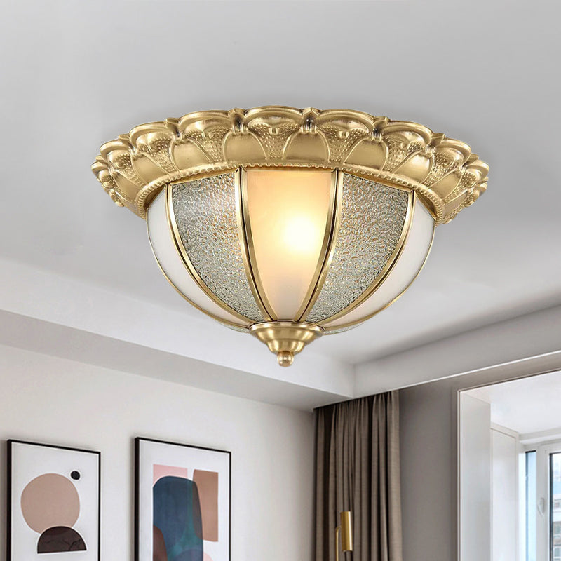 2-Bulb Domed Flush Ceiling Light Colonialism Gold White and Textured Glass Flush Mount Lamp Clearhalo 'Ceiling Lights' 'Close To Ceiling Lights' 'Close to ceiling' 'Flush mount' Lighting' 1454170