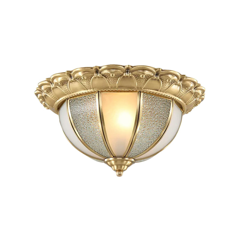 2-Bulb Domed Flush Ceiling Light Colonialism Gold White and Textured Glass Flush Mount Lamp Clearhalo 'Ceiling Lights' 'Close To Ceiling Lights' 'Close to ceiling' 'Flush mount' Lighting' 1454171