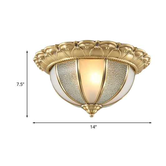2-Bulb Domed Flush Ceiling Light Colonialism Gold White and Textured Glass Flush Mount Lamp Clearhalo 'Ceiling Lights' 'Close To Ceiling Lights' 'Close to ceiling' 'Flush mount' Lighting' 1454172