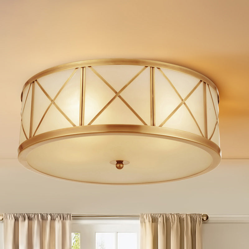 3/4 Heads Cream Glass Ceiling Lamp Colonial Gold Round Bedroom Flush Light with Trellis Cage Clearhalo 'Ceiling Lights' 'Close To Ceiling Lights' 'Close to ceiling' 'Flush mount' Lighting' 1454184