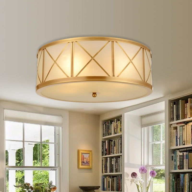 3/4 Heads Cream Glass Ceiling Lamp Colonial Gold Round Bedroom Flush Light with Trellis Cage 4 Gold Clearhalo 'Ceiling Lights' 'Close To Ceiling Lights' 'Close to ceiling' 'Flush mount' Lighting' 1454185